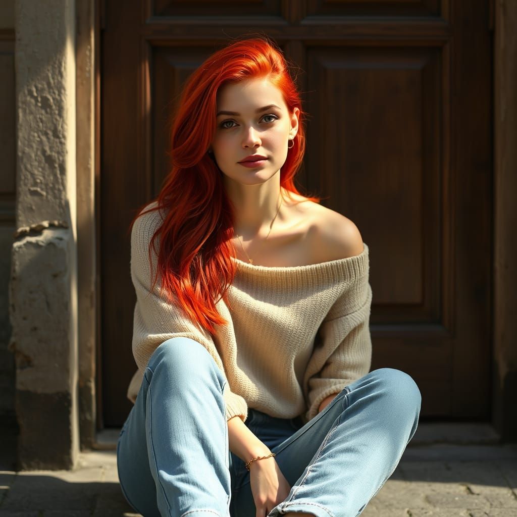Young Woman with Crimson Hair by Old Door