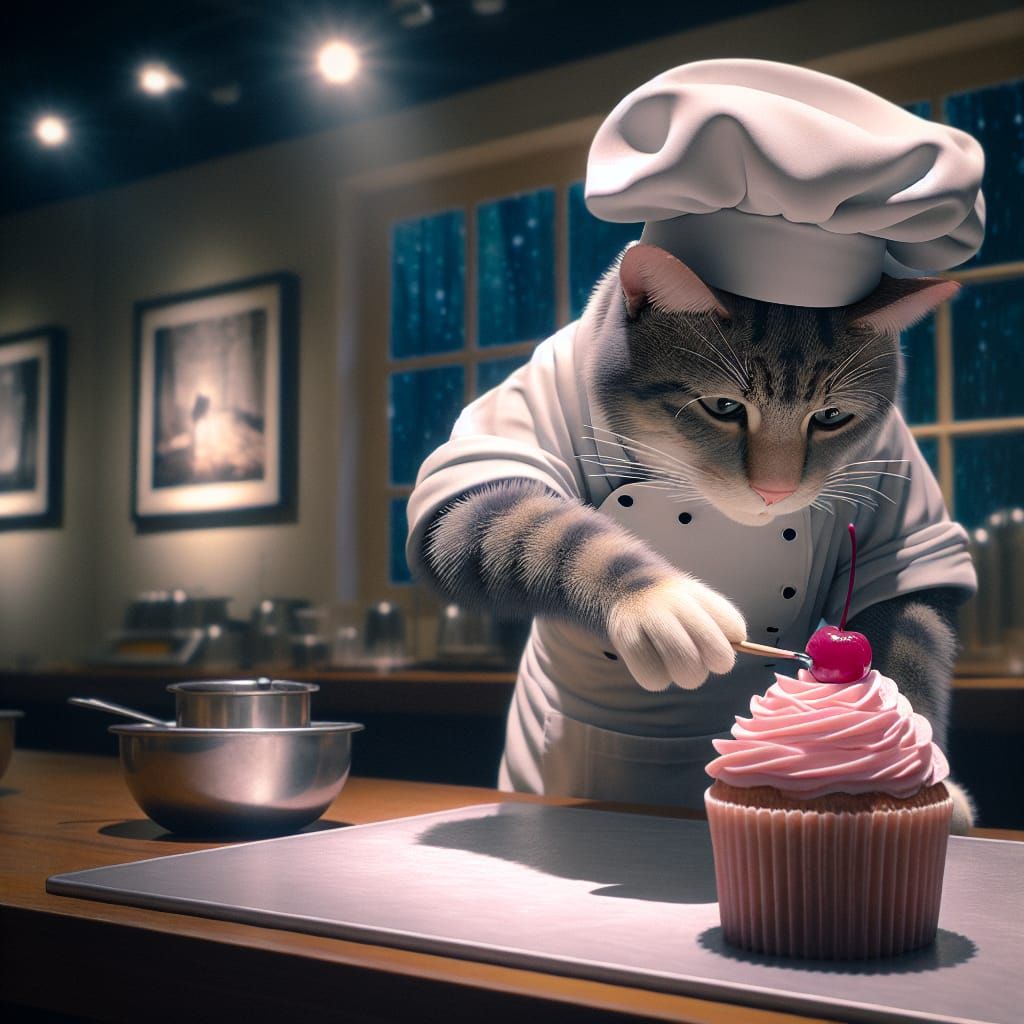 Chef Cat Places Cherry on Cupcake: Cinematic Film Still