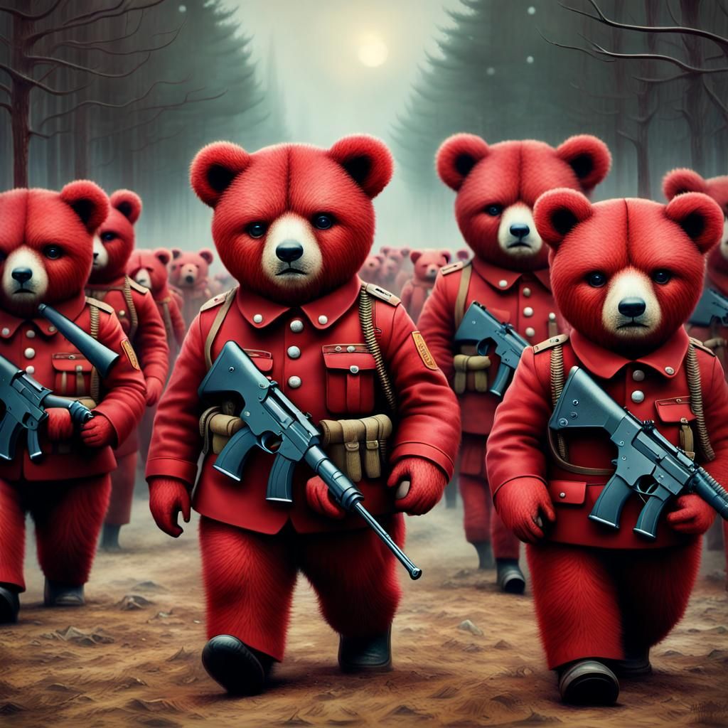 Crimson Teddy Bear Army on the March