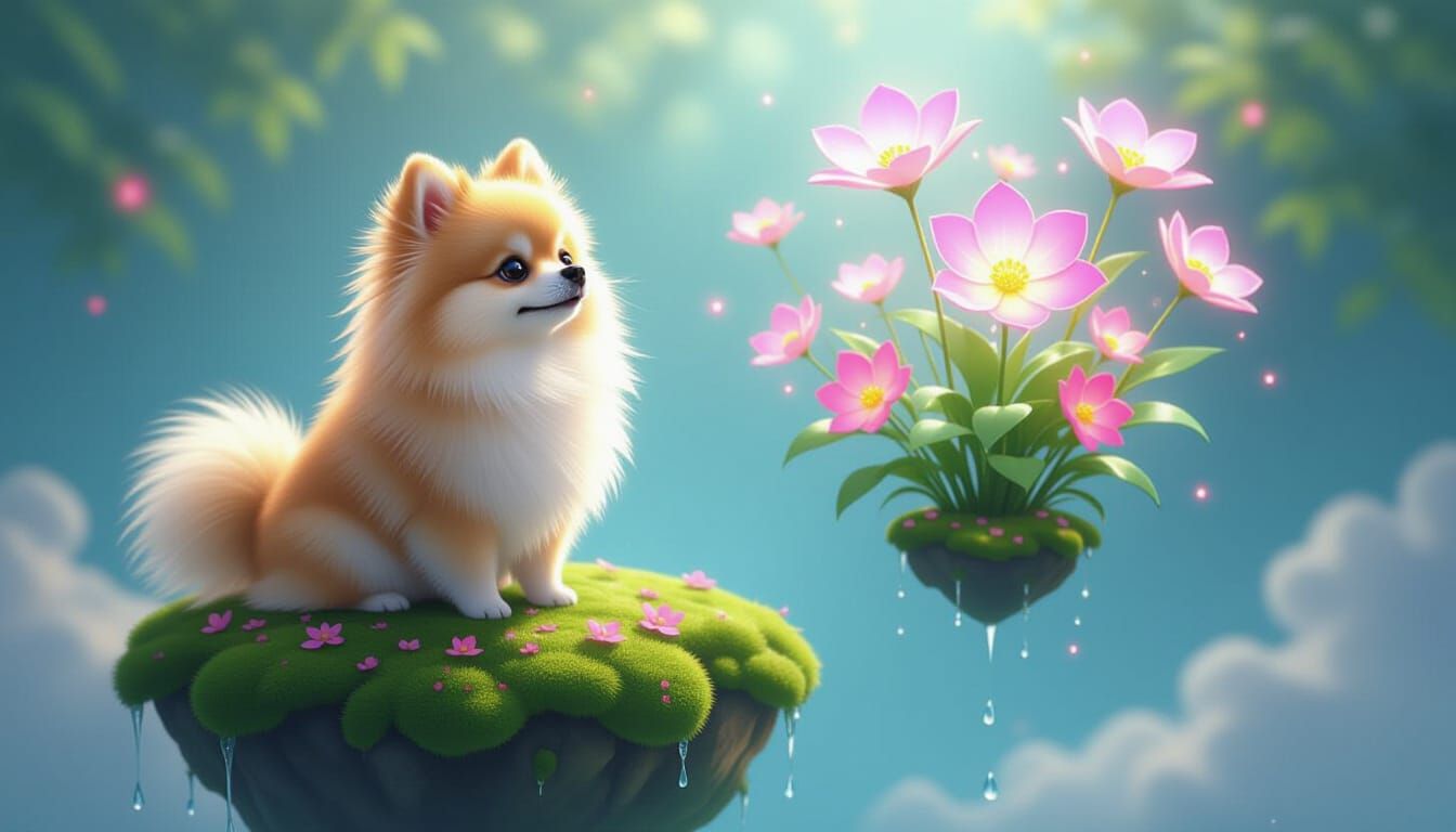Cute Pomeranian on Floating Island with Luminous Flowers