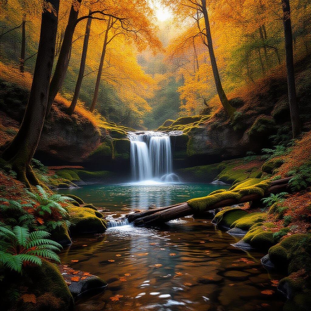 A hidden, secluded waterfall tucked deep within an autumn fo...