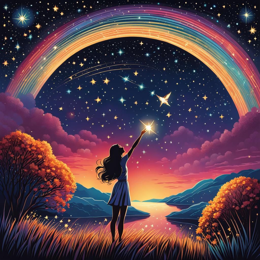 Woman Stargazing at Shooting Star, Detailed Illustration