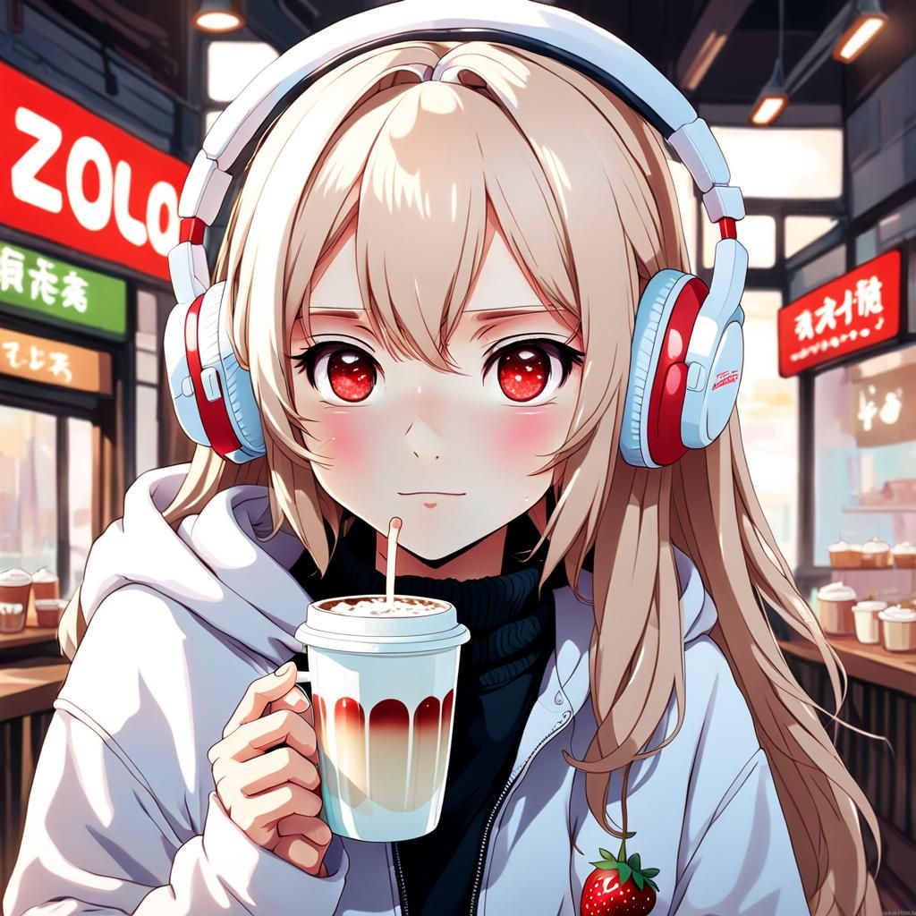 Anime Girl with Hot Chocolate and Headphones