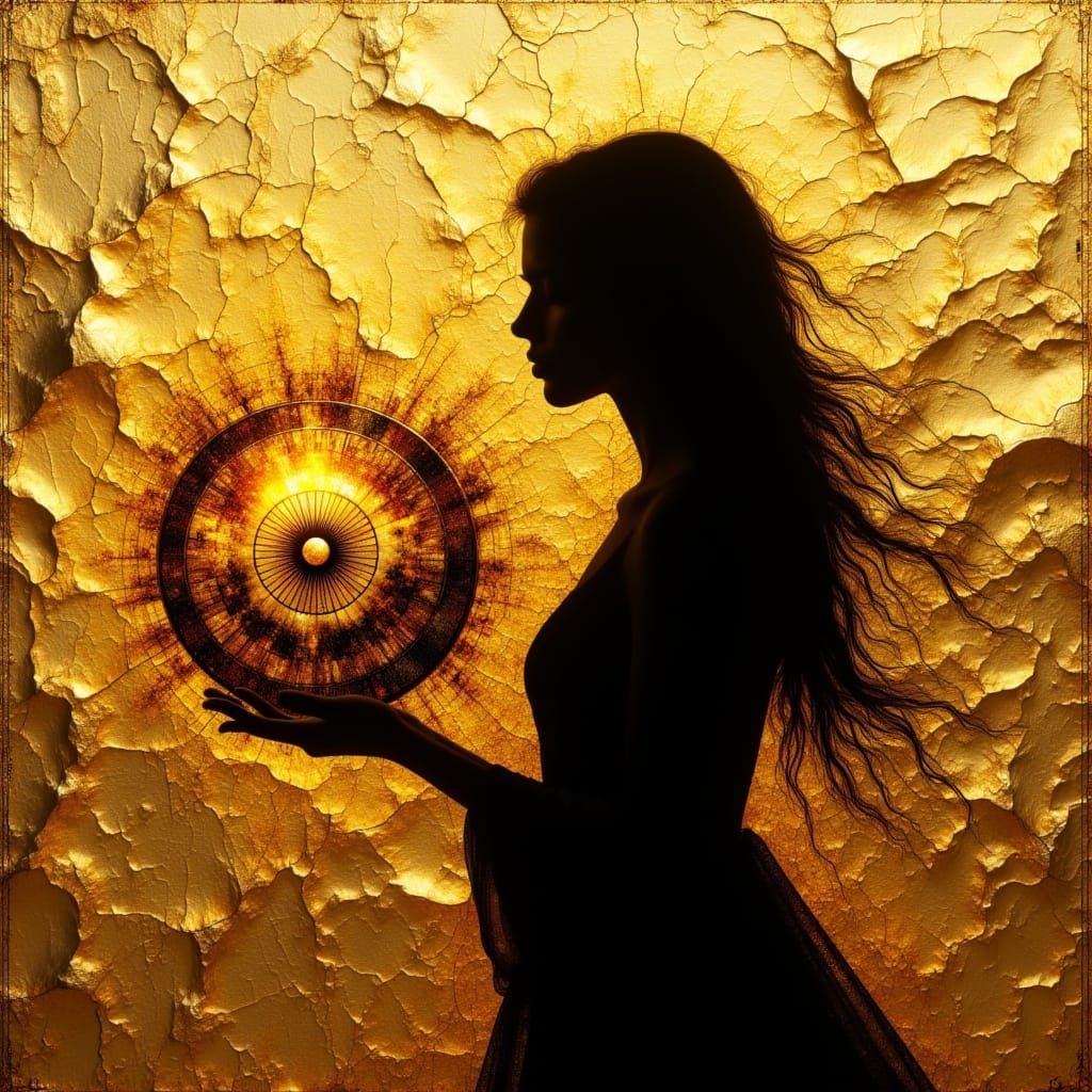 Woman Silhouette with Golden Orb in Metallic Style