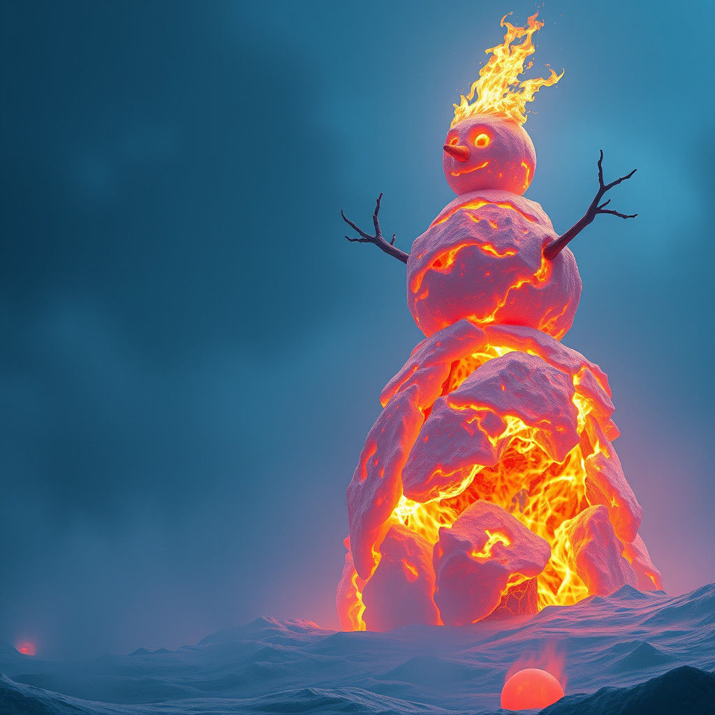 Fiery Snowman in Misty Landscape, Digital Art