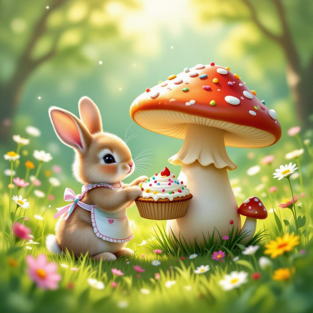 Fluffy Bunny Decorates Giant Mushroom in Children's Book Sty...