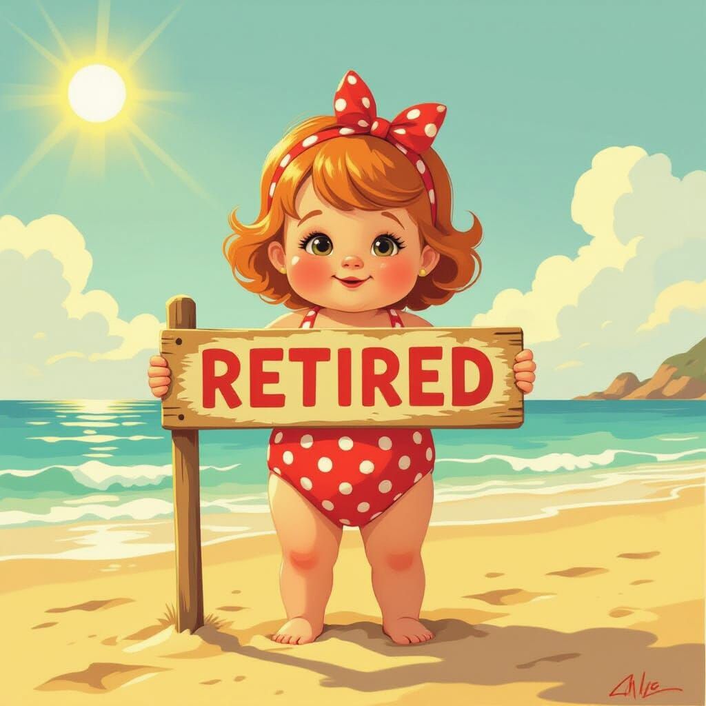 Girl with 'Retired' Sign on Beach at Golden Hour