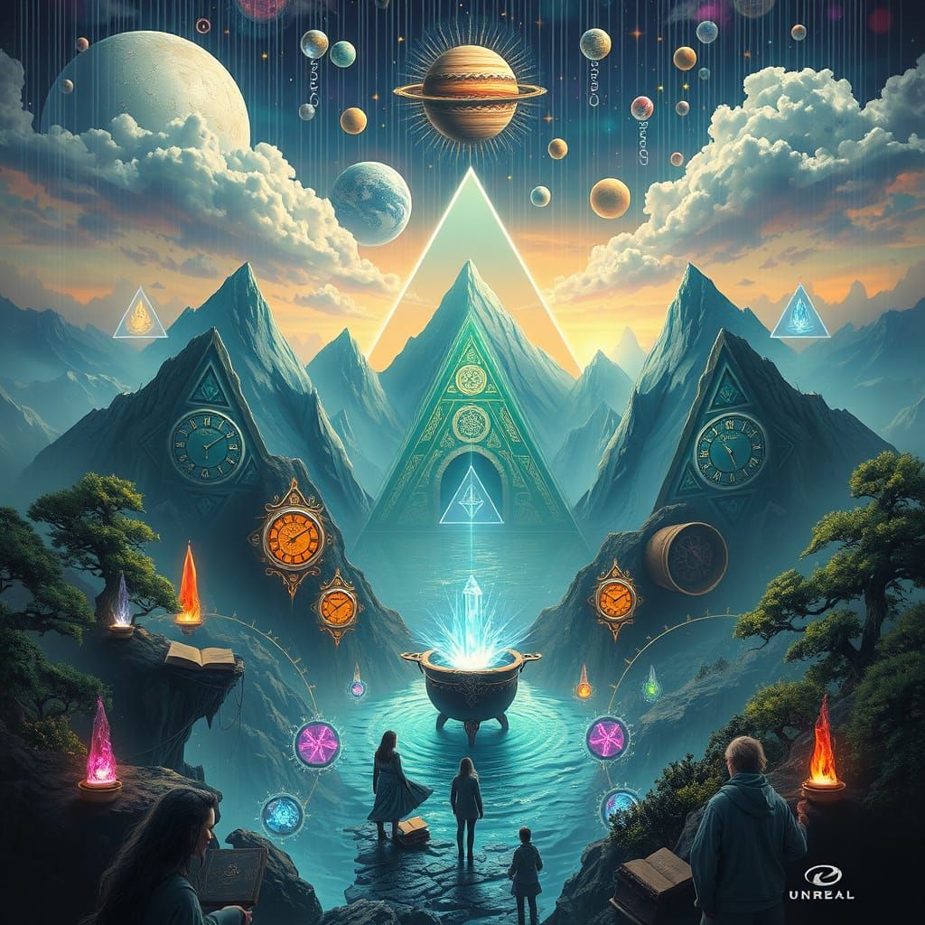 Surreal Cosmic Gathering with Crystals and Nature