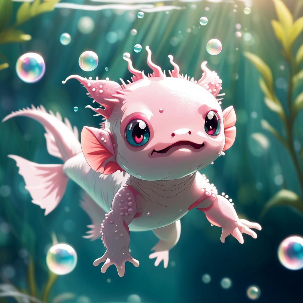 Cartoon Anime Axolotl-Human Hybrid Underwater