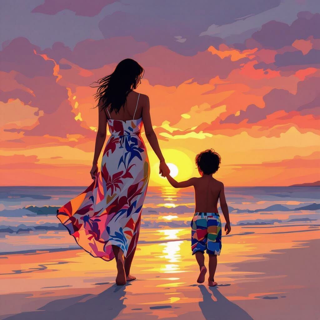 Mother and Son at Sunset in WPAP Style
