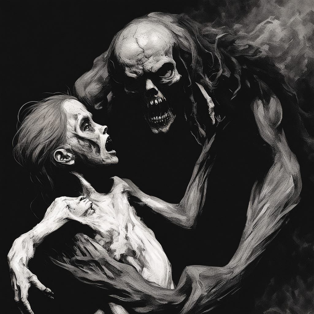 Grotesque Figure Consumes Child in Dark Expressionism