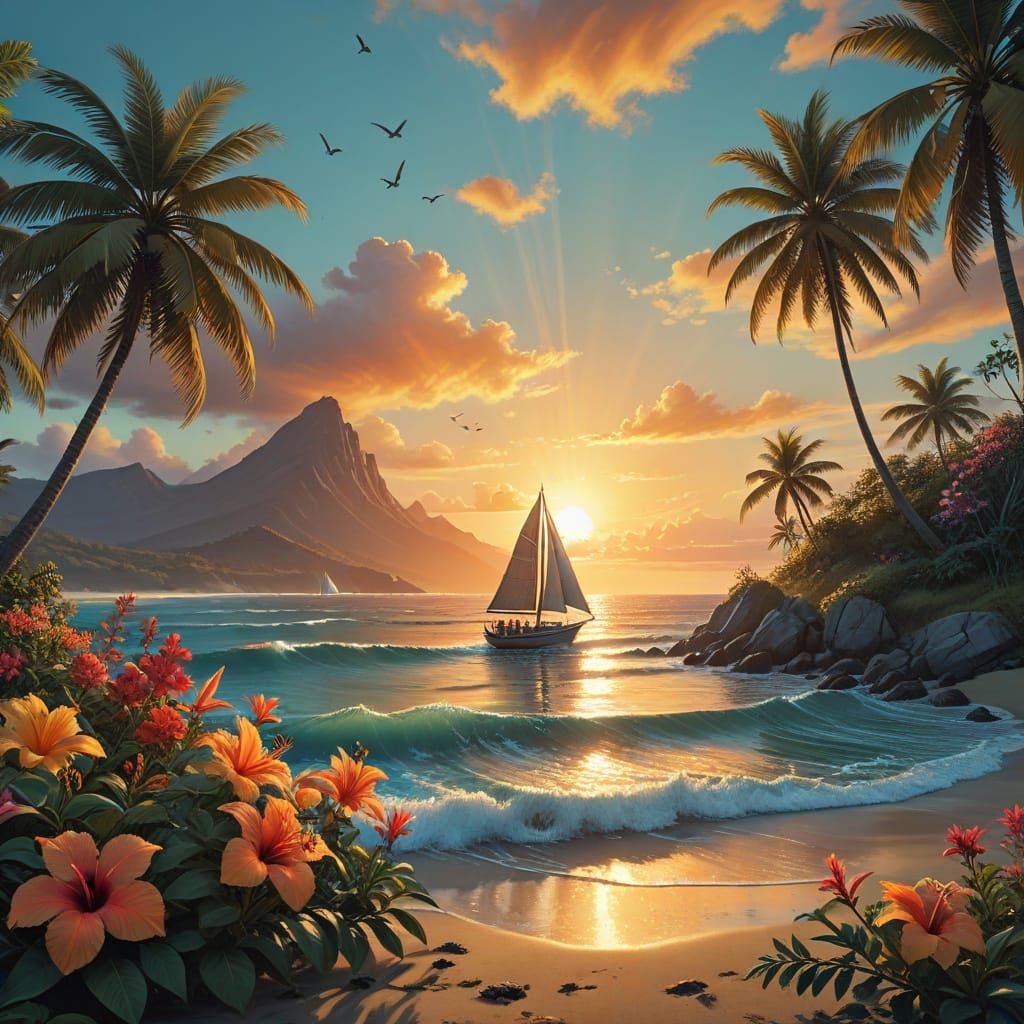 Tropical Beach Scene in Vibrant Hyperdetail