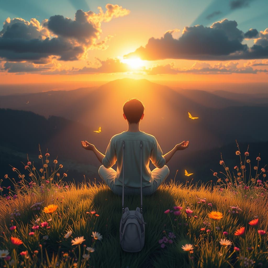 Meditating Person on Sunlit Hill in 3D Anime Style
