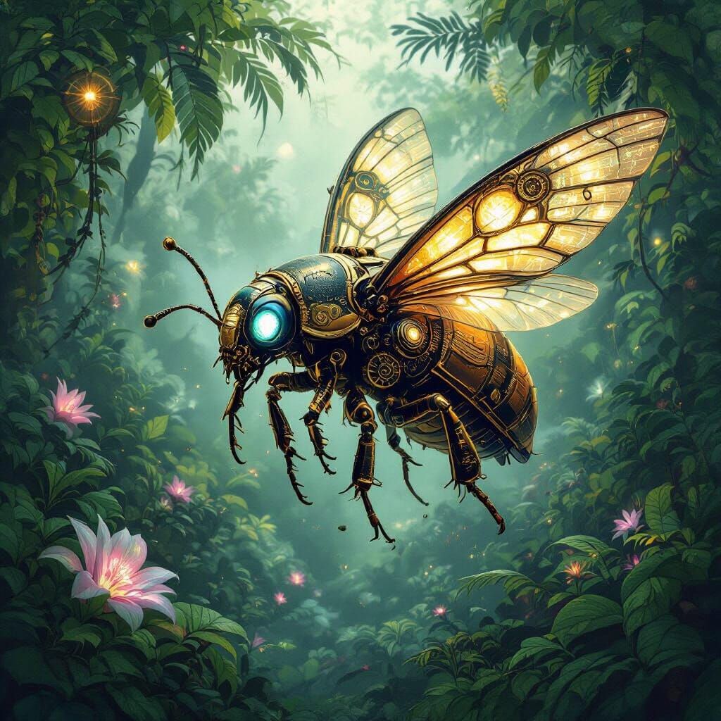 Steampunk Scarab Beetle Soaring Through Alien Jungle