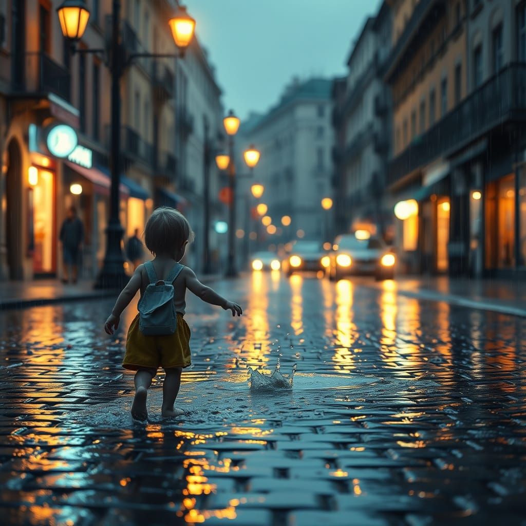 Child Splashing in Summer Rain: Hyperrealistic Cityscape