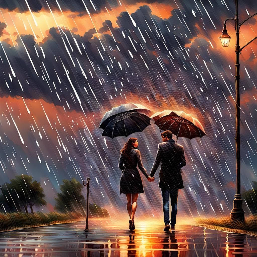 Couple in Love Listening to Stormy Sunset Rain