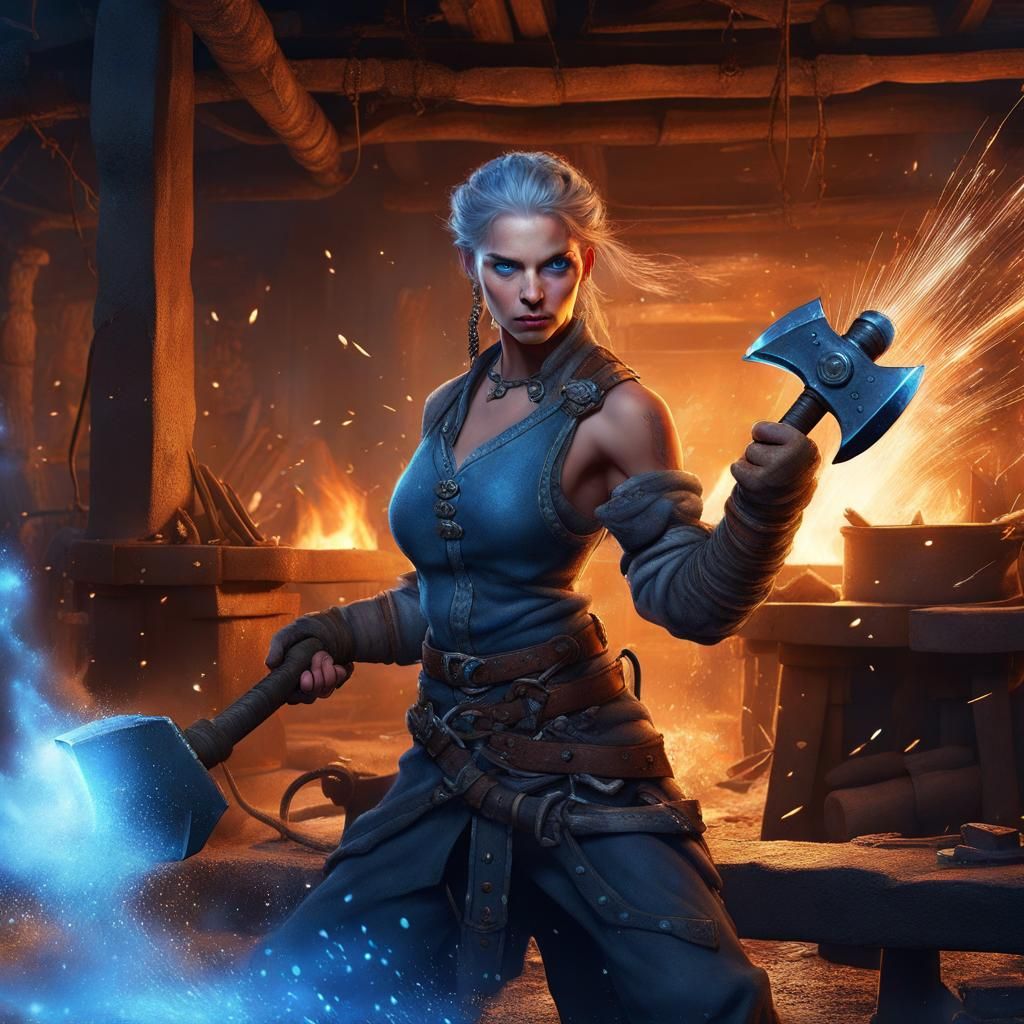 Tiefling Blacksmith in Icy Forge, Digital Art