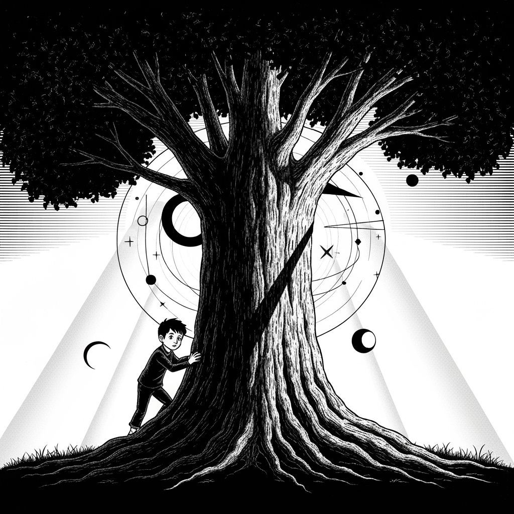 Surreal 8-Bit Boy Hiding by Distorted Tree