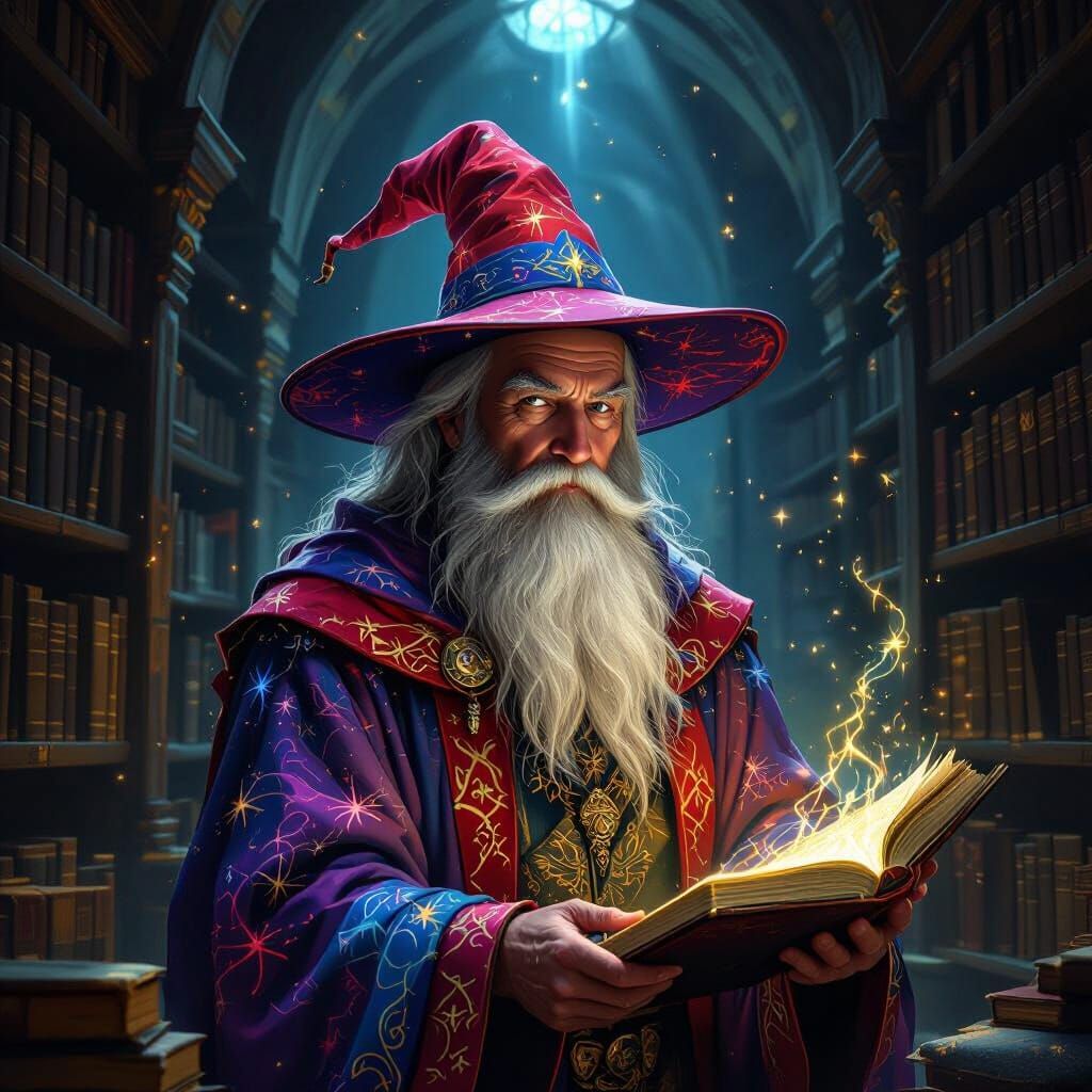 Wise Old Wizard in Celestial Robes in Ancient Library