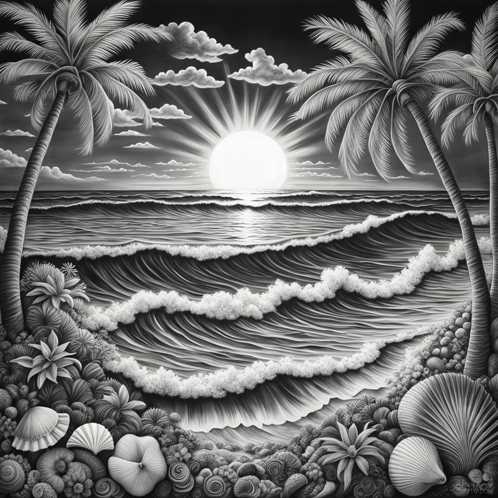 Hyperdetailed Charcoal Drawing of a Monochrome Beach