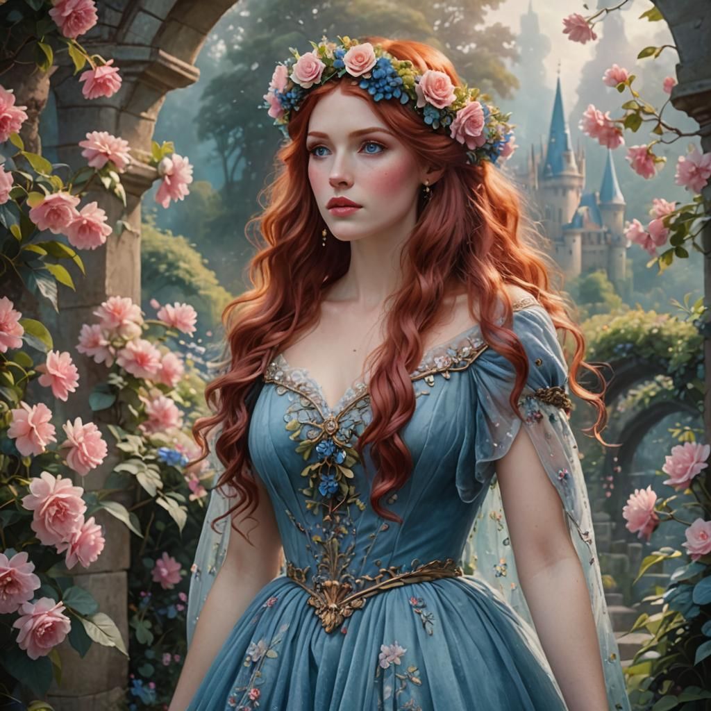 Ethereal Red-Haired Girl in Castle Garden