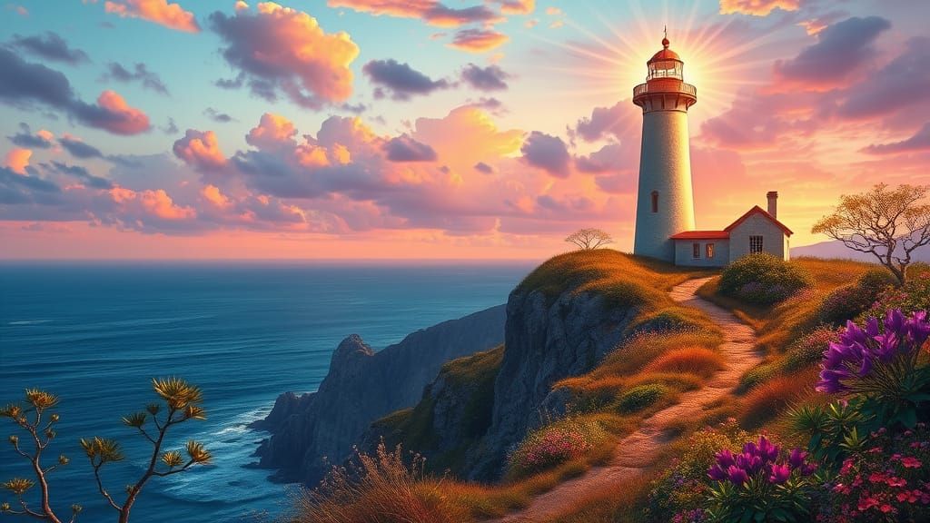 Surreal Lighthouse Radiates Heavenly Glow on Clifftop Garden