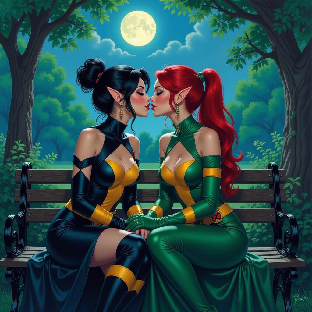 Elf Lovers Kissing in Moonlit Park Fantasy Painting