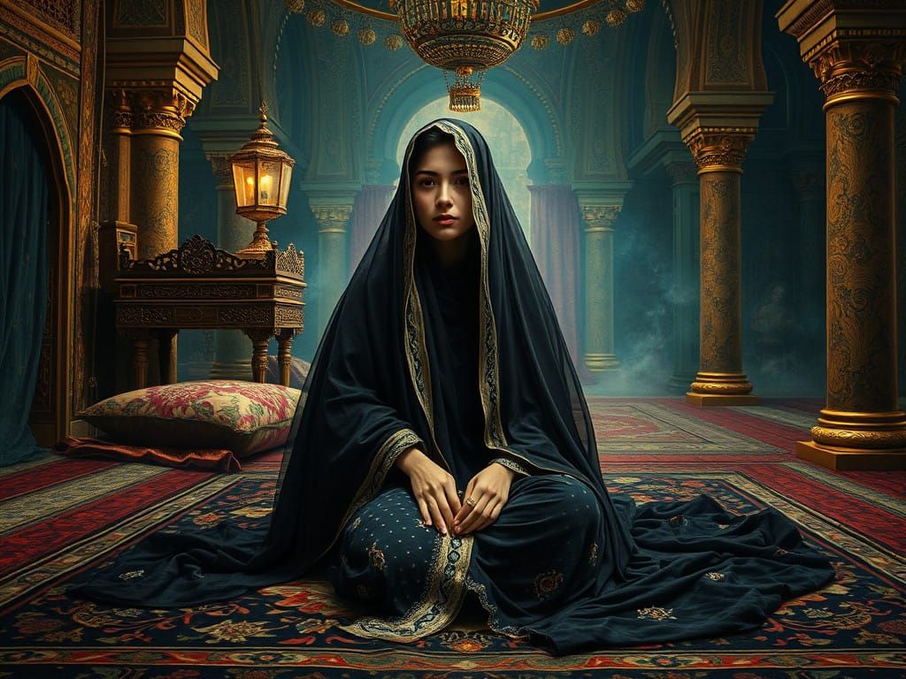 Elegant Veiled Woman in Opulent Middle Eastern Setting