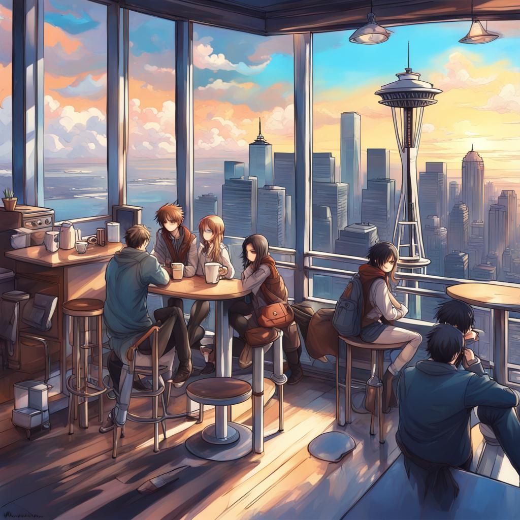 Coffee Shop Atop Space Needle in Anime Style