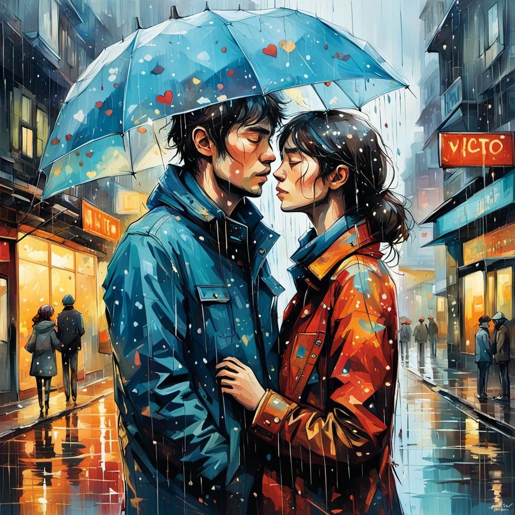Romantic 1970s Couple in Heart-Shaped Rain, Surreal Art