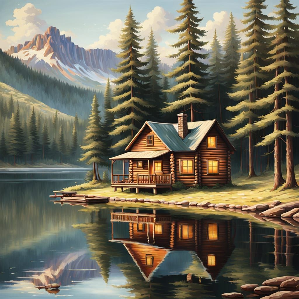 Tranquil Log Cabin Scene as Oil Painting