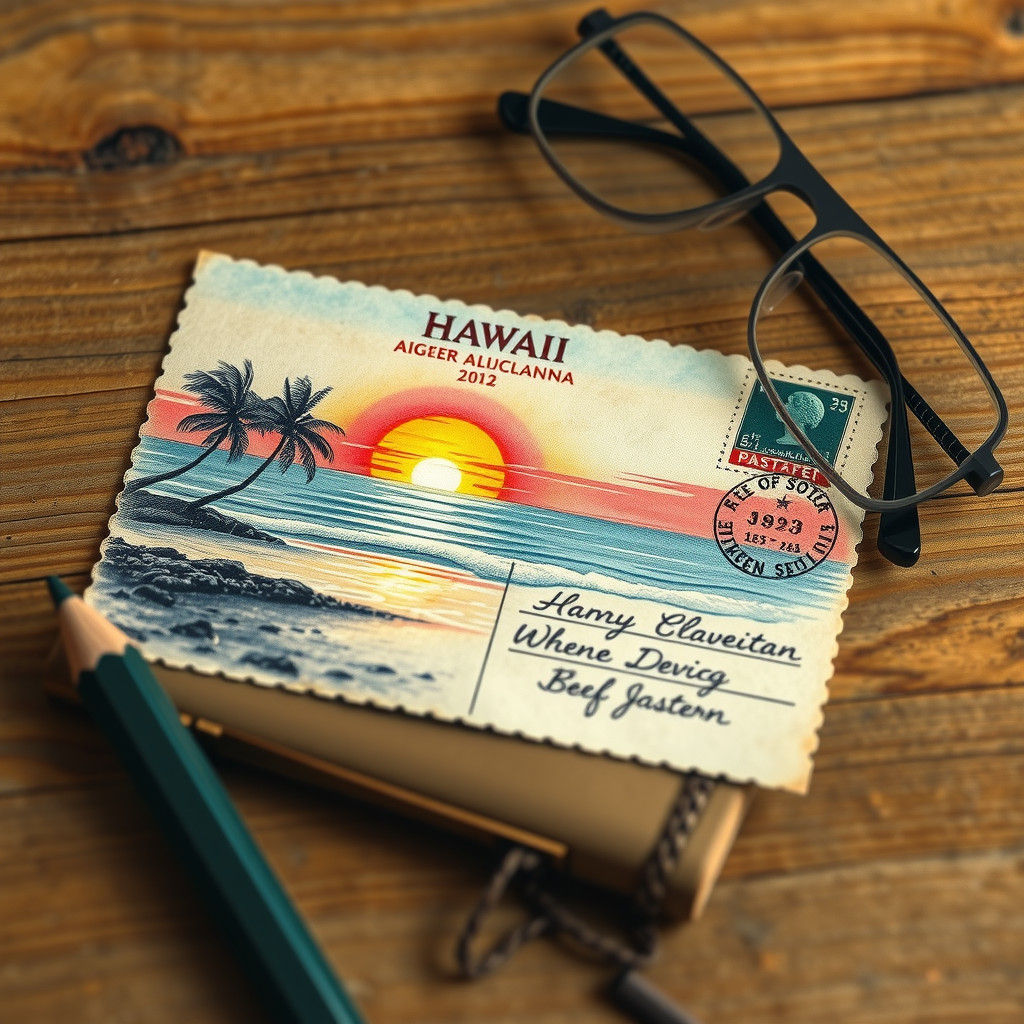 Retro Hawaii Postcard Sunset in Charcoal and Pencils