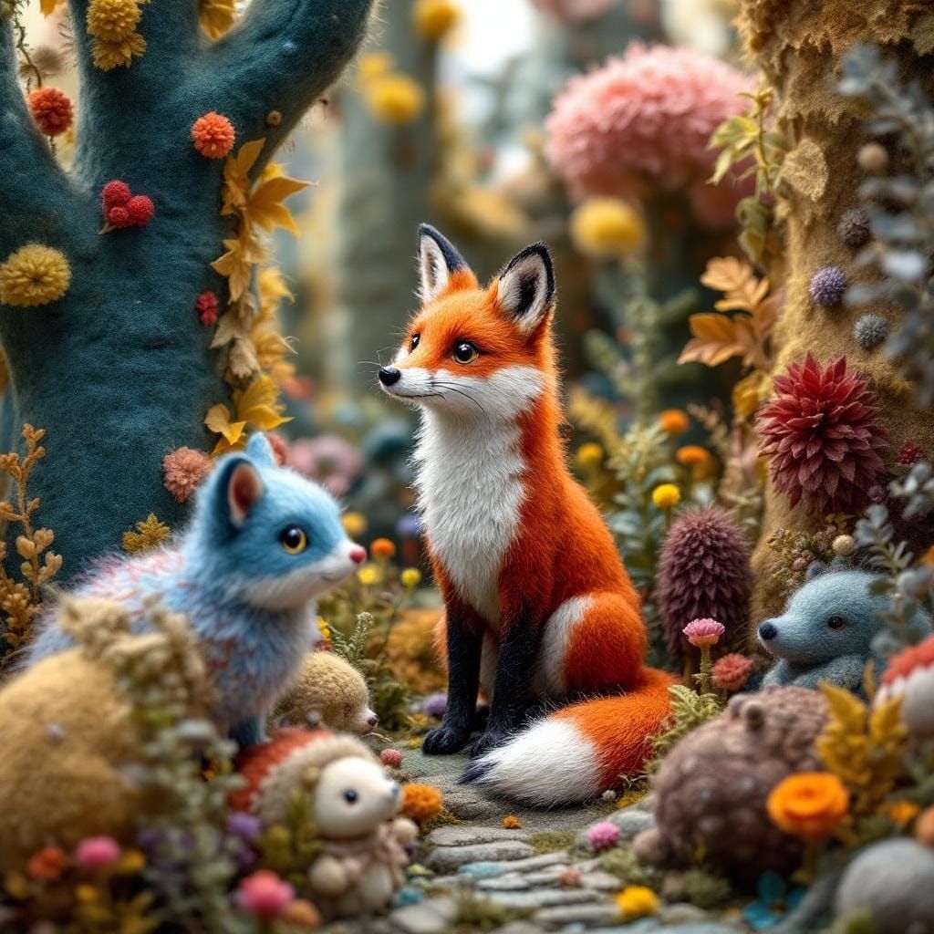 Felted Fox in Whimsical Forest, Storybook Illustration