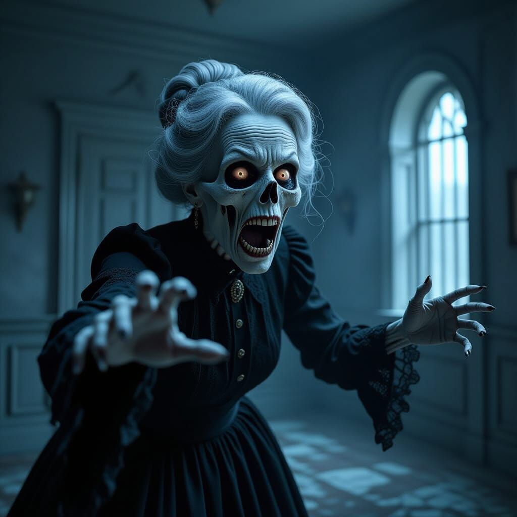 Ghostly Old Woman Skull Face Silent Scream in 1900s Dress