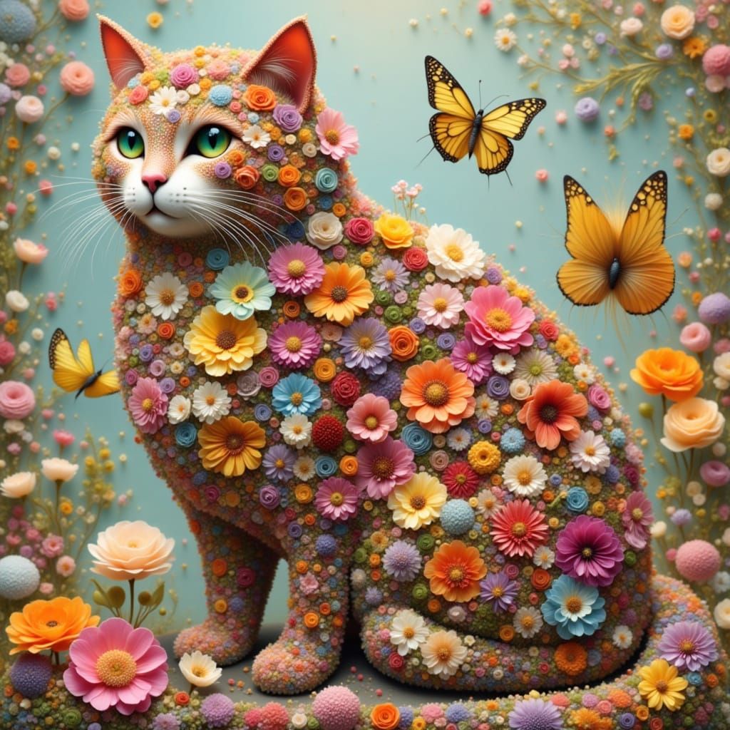 Whimsical Flower Cat Sculpture in Ethereal Light