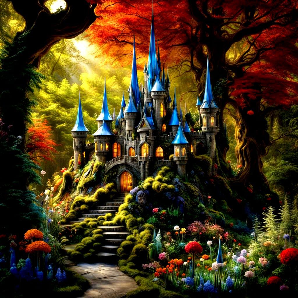 Fairy castle made of curved glass, in a fantasy forest made ...