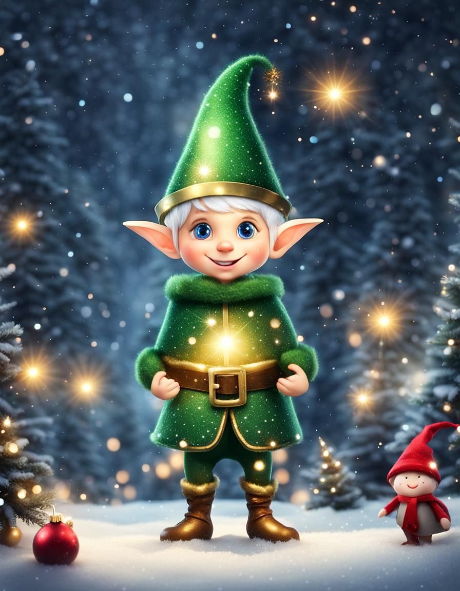Sparkling Magic Elf Near Christmas Tree