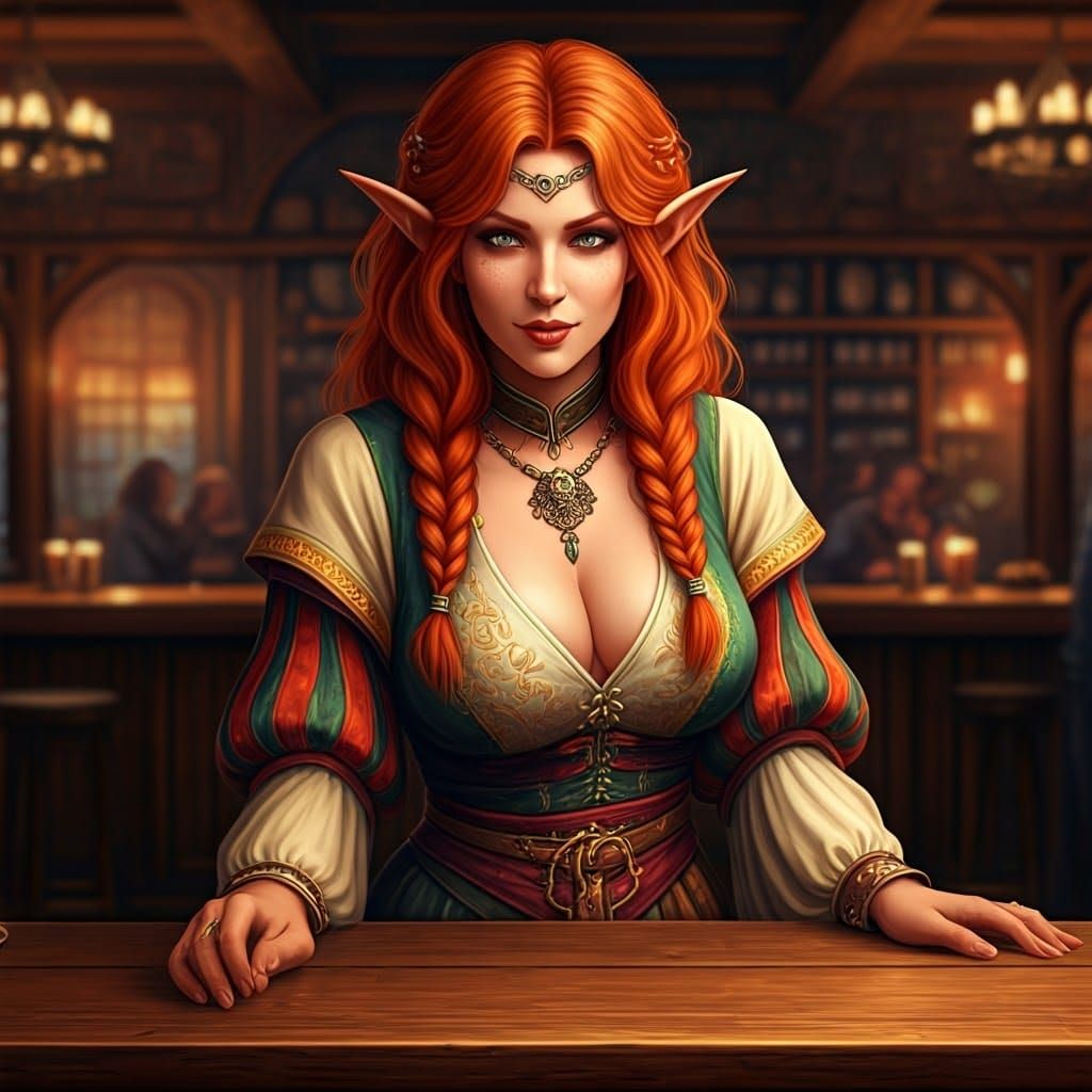 Enchanting Red-Haired Elf Barmaid in Fantasy Tavern
