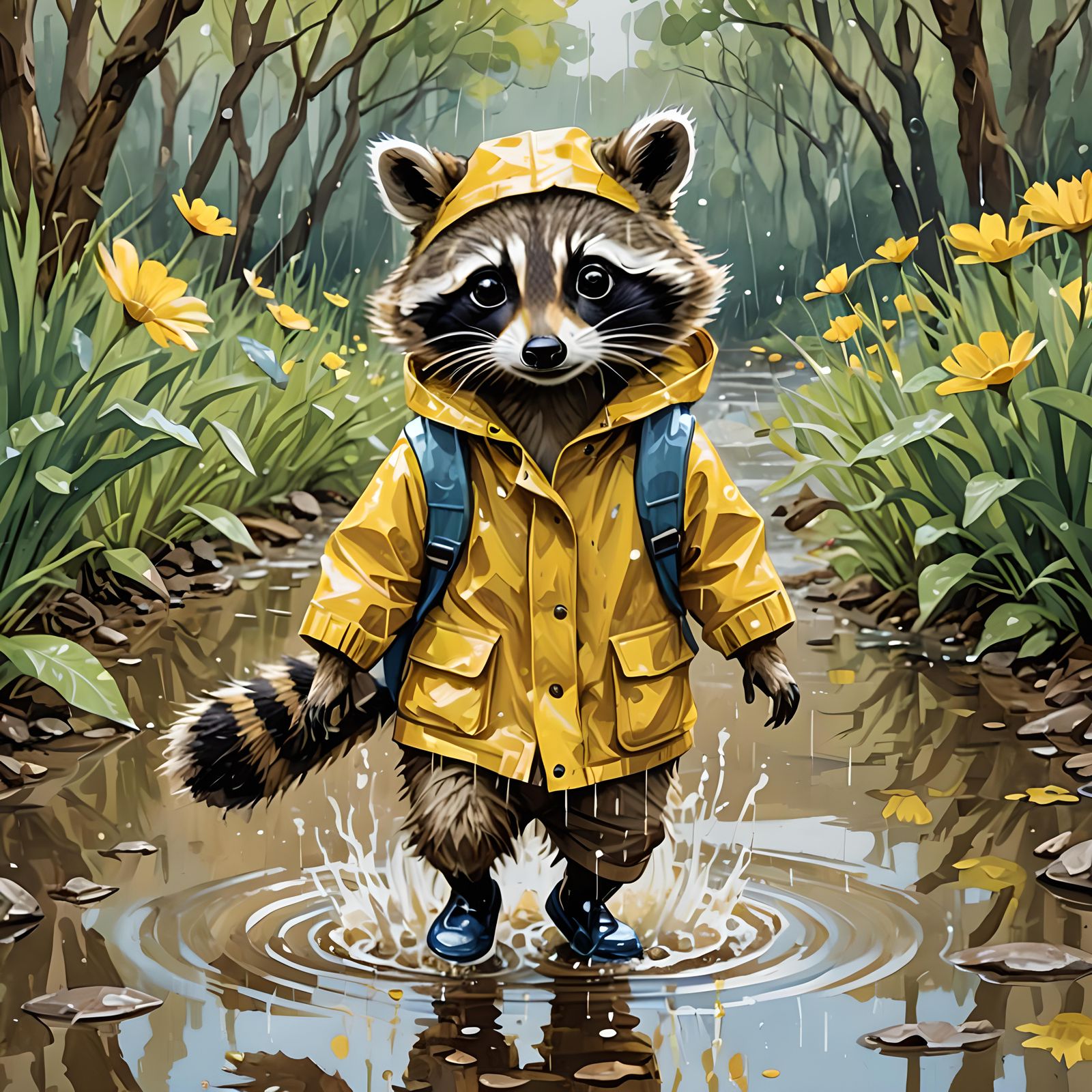 Raccoon in Raincoat, Gouache Watercolor Painting