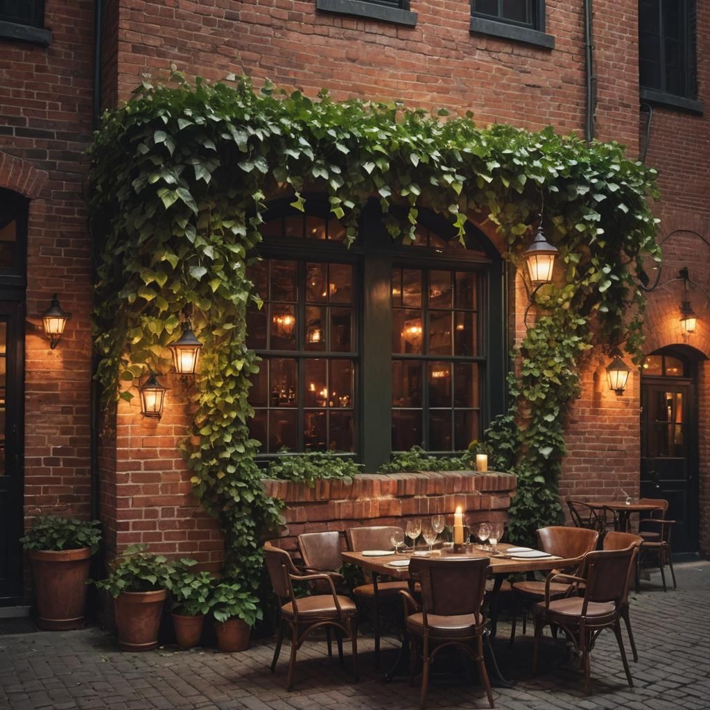 Night View of a Rustic Restaurant with Ivy