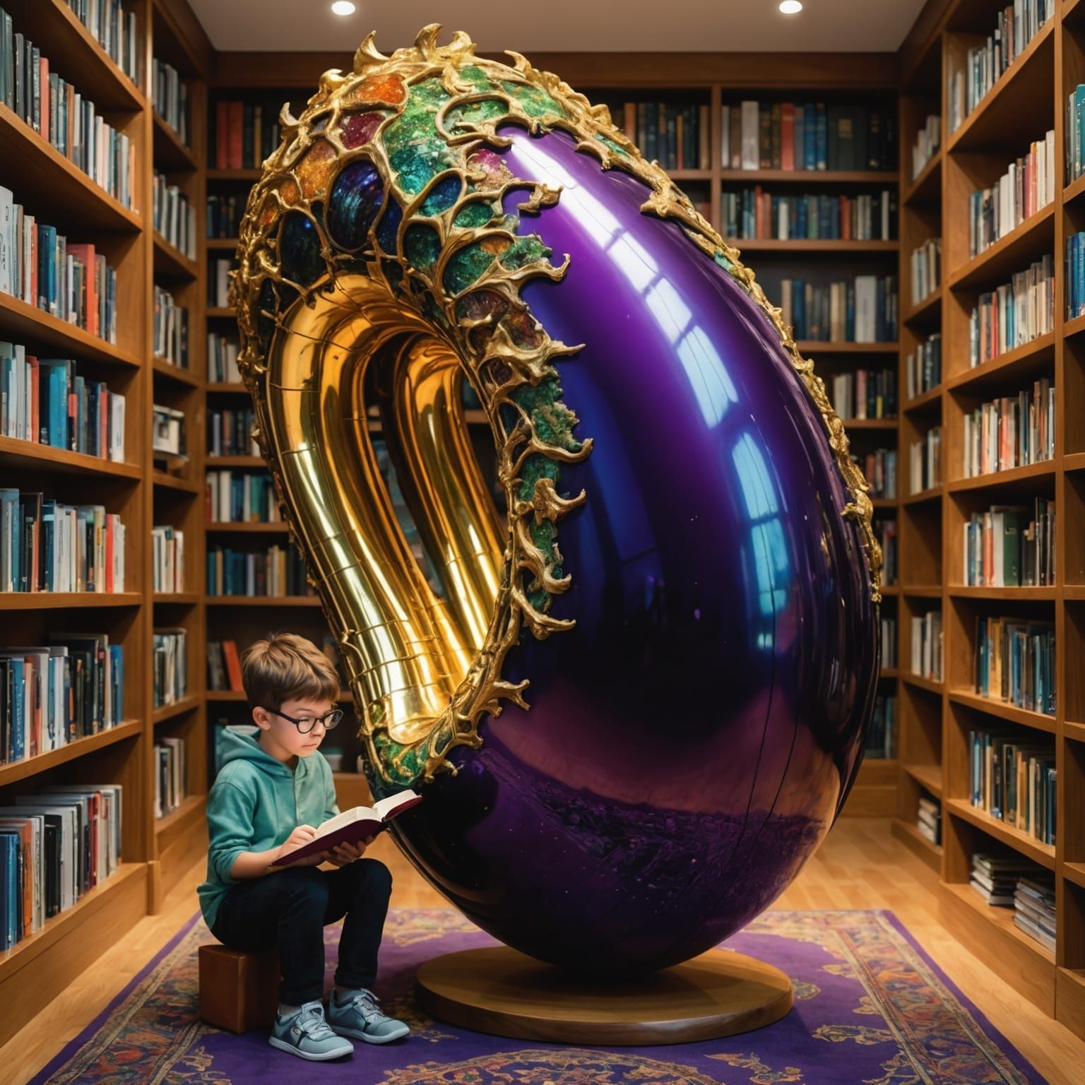 Boy Reads Near Giant Eggplant Tuba Case