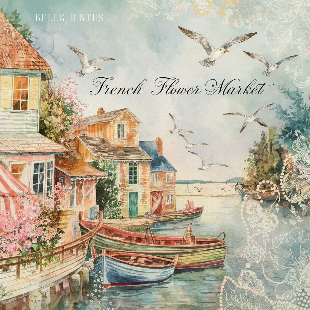 Charming Coastal Village Scene in Whimsical Watercolor Style