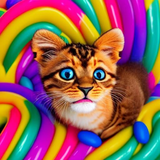 Cute Kitten Surfing on Candy Wave in 8K