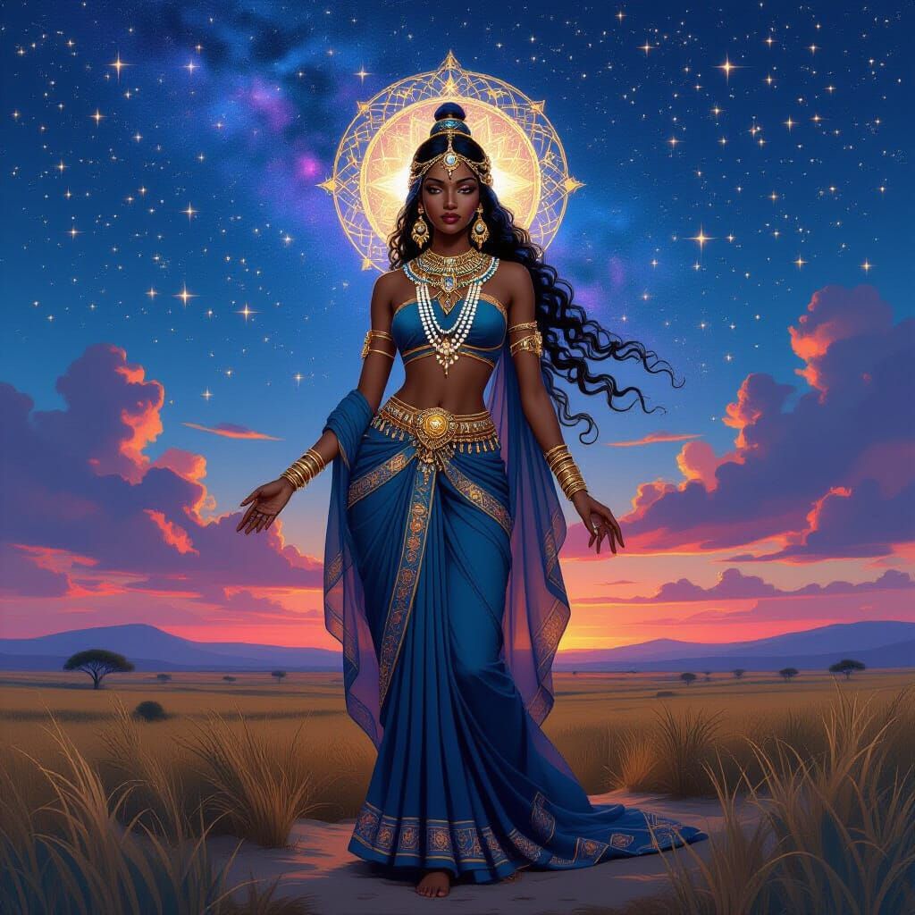 African Goddess Adorned with Celestial Jewelry at Twilight