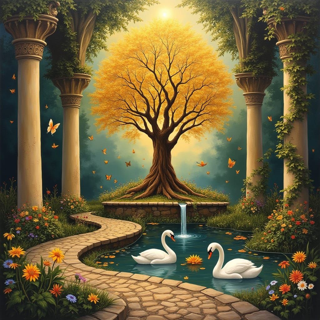 Golden Tree of Life Painting in Garden