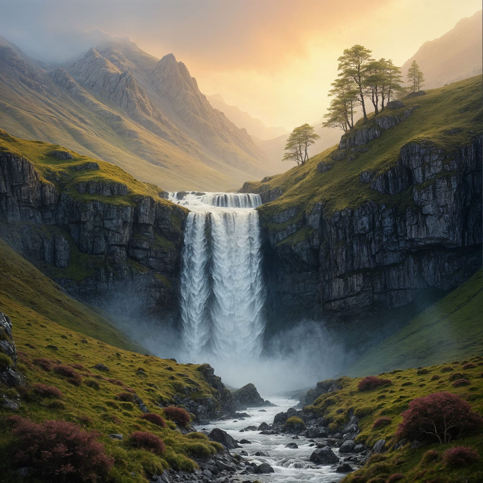 Spectacular Waterfall in Highland Fantasy Landscape