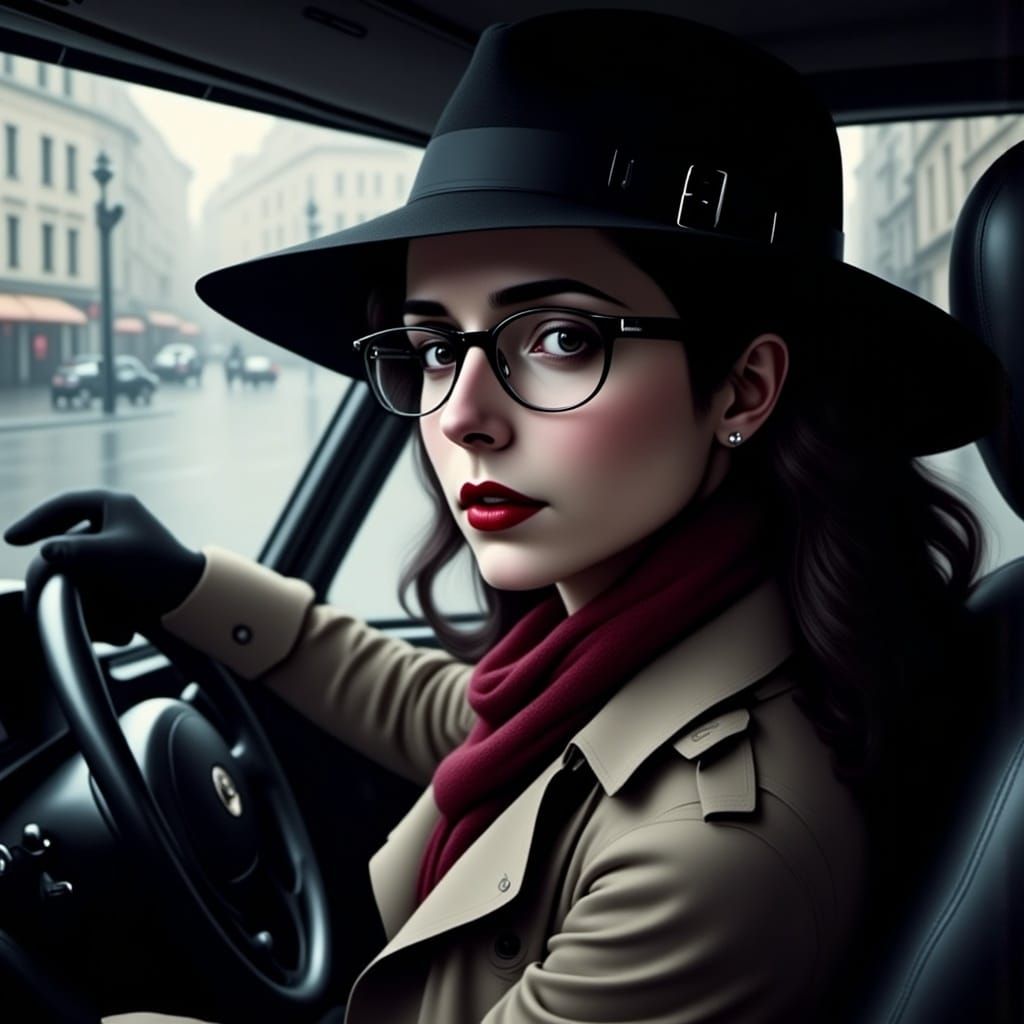 Hyperrealistic Woman Driving in Rain