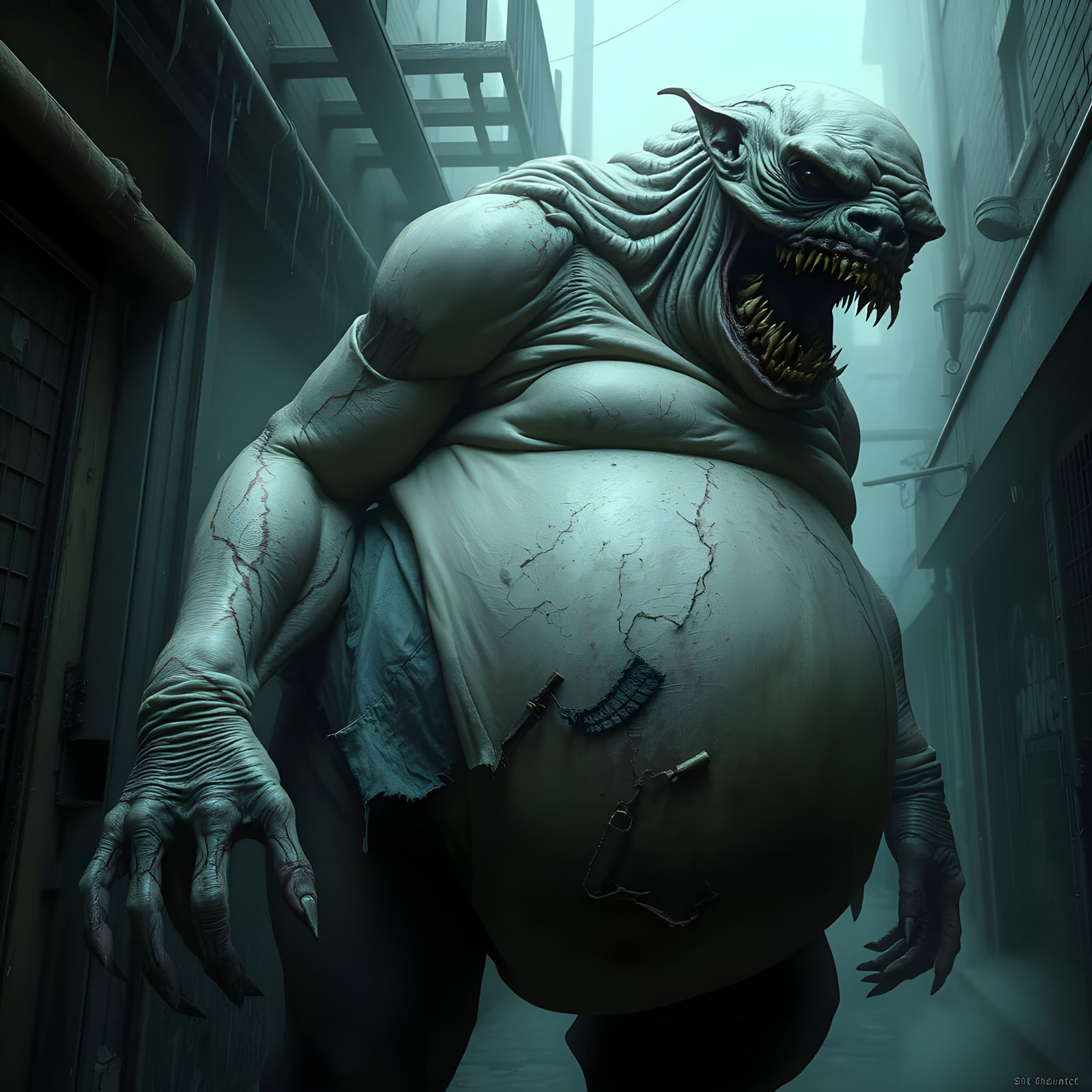 Grotesque Abomination in Fog-Drenched Alley