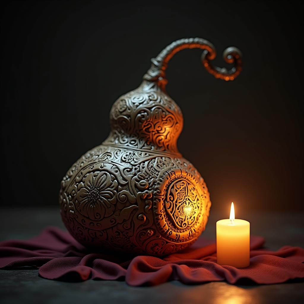 Ornate Victorian Gourd Carving with Mystical Symbols