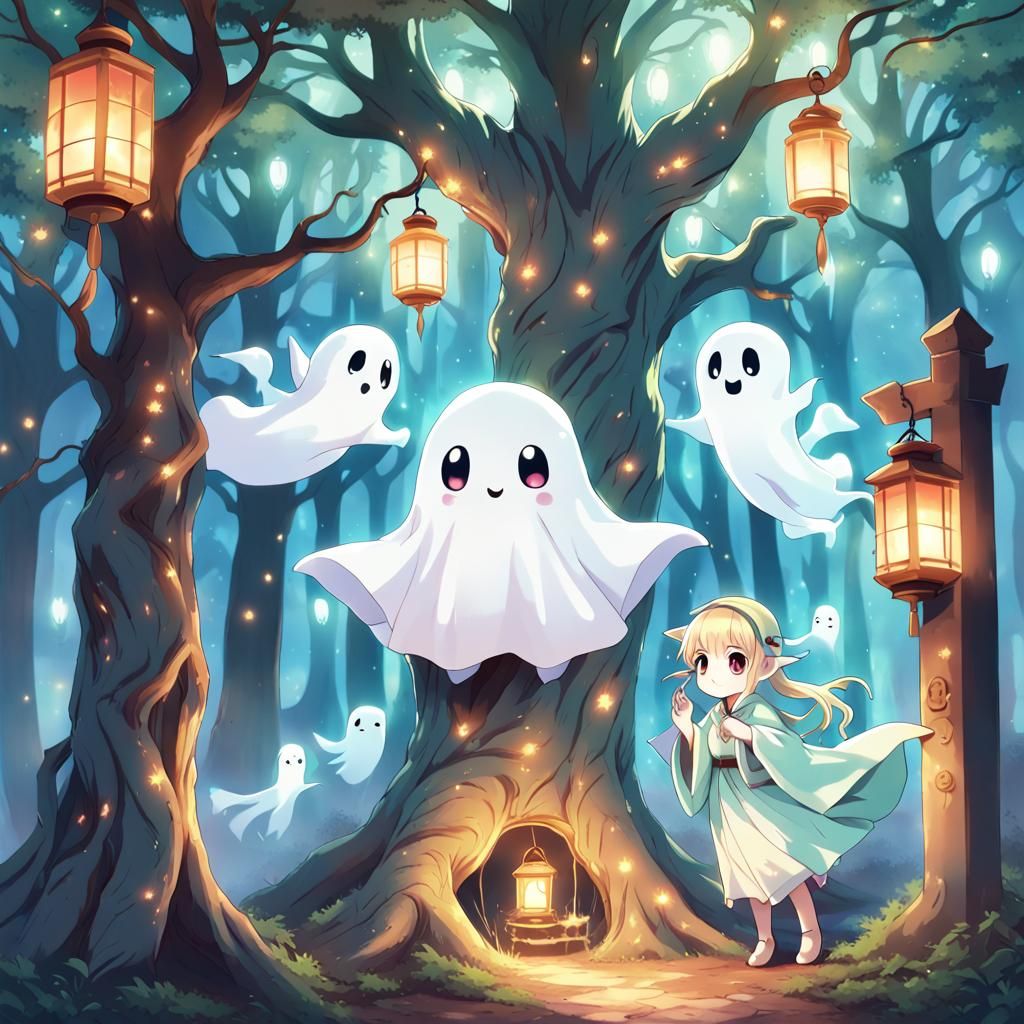 Cute Ghost Under Lantern Tree in Anime Style